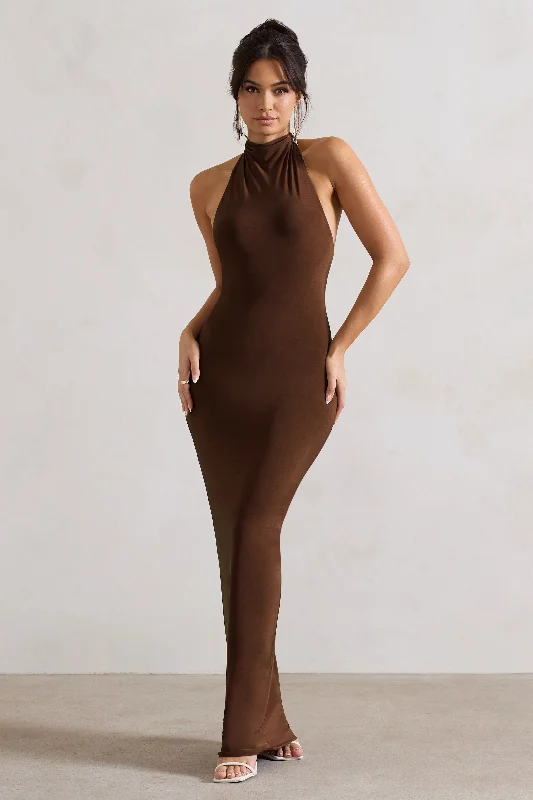 Mermaid - Style Women Dress with a Fitted Silhouette for Special OccasionsLarisa | Dark Brown Cowl Halter-Neck Maxi Dress With Back Detail