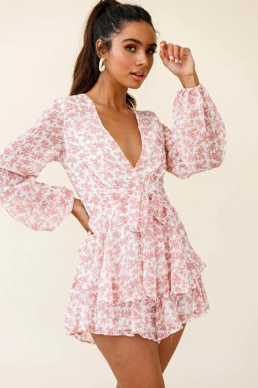 Long - Sleeve Women Dress in Velvet for a Luxurious Winter LookMaddox Fit & Flare Long Sleeve Romper Dainty Floral Print Pink