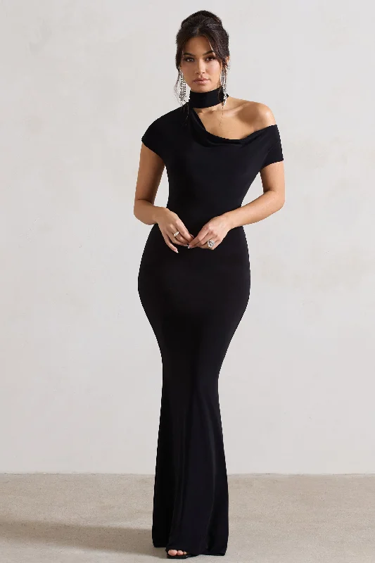 Little Black Women Dress with Sequins for a Glamorous Night OutMargaux | Black One-Shoulder Maxi Dress With Halter-Collar