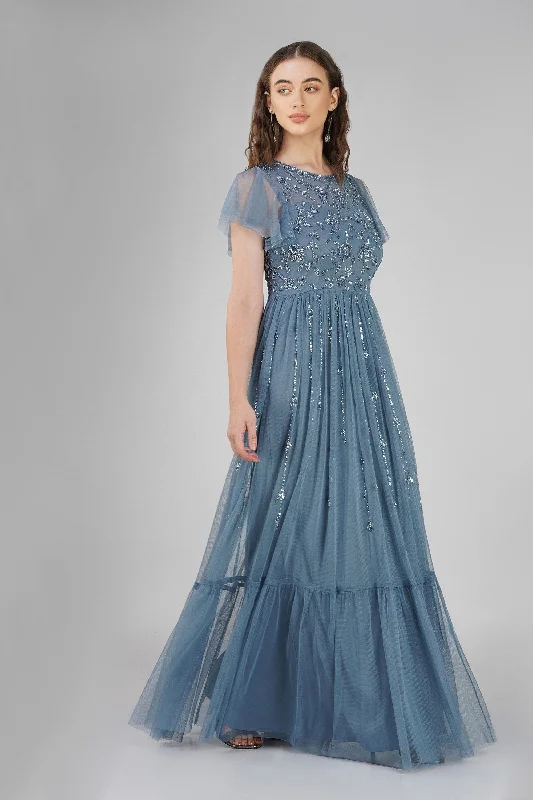 Off - the - Shoulder Women Dress for a Romantic and Feminine LookMarly Blue Embellished Maxi Dress