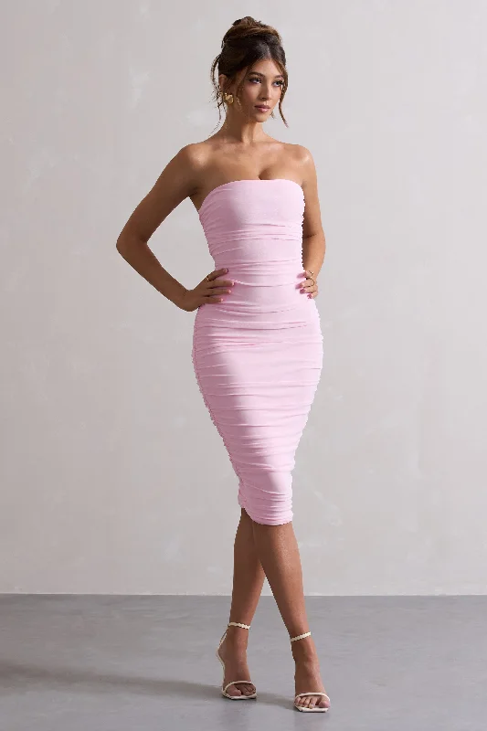 Ruffled Women Dress with Multiple Layers for a Playful and Girly StyleMy Girl | Pink Strapless Bodycon Ruched Mesh Midi Dress