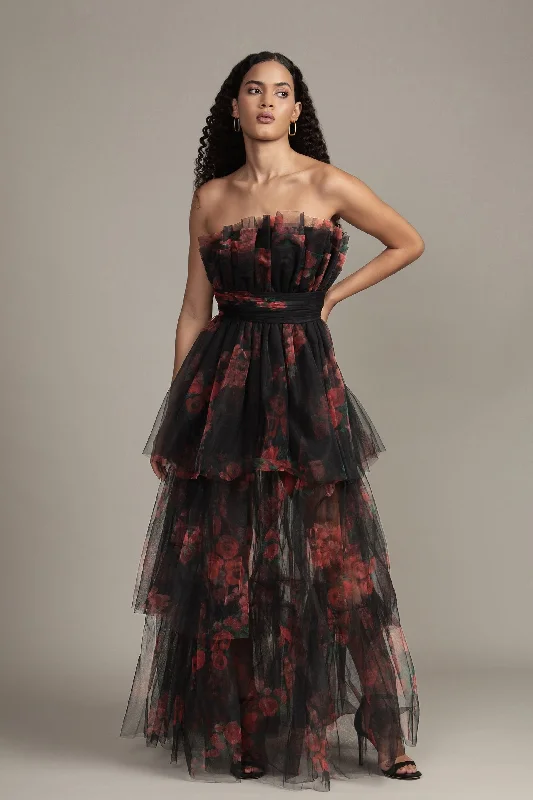 Shift Women Dress with a Simple and Classic Design for Everyday WearNatalia Tulle Maxi Dress in Black and Red Floral