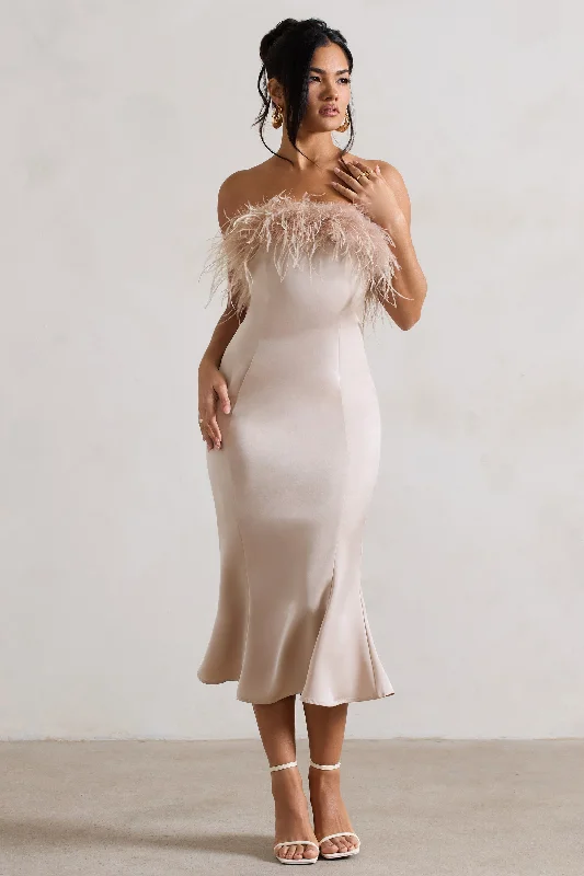 Backless Women Dress for a Sexy and Alluring Look at Evening EventsOne And Only | Champagne Satin Feather Trim Midi Dress