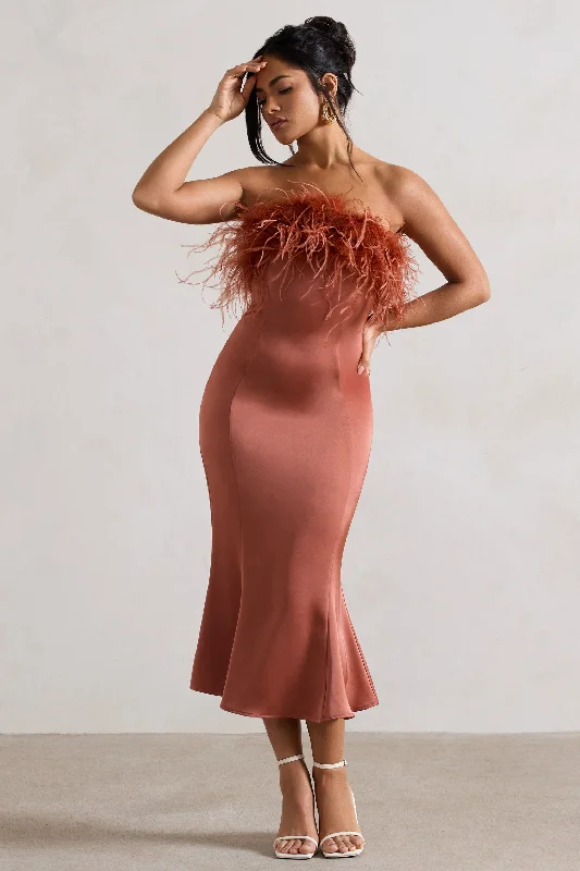 Halter Neck Women Dress to Show Off the Shoulders and NecklineOne And Only | Rust Satin Feather Trim Midi Dress