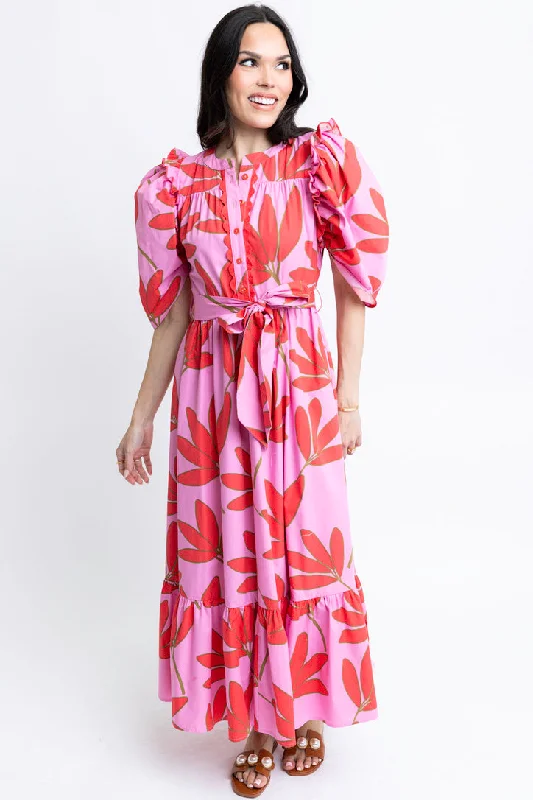 Ruffled Women Dress with Multiple Layers for a Playful and Girly StyleSatin Palm Floral Tie Waist Maxi Dress