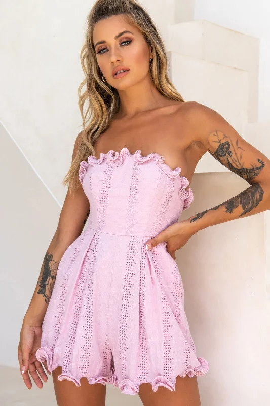 Off - the - Shoulder Women Dress for a Romantic and Feminine LookParis In Spring Bandeau Frill Trim Romper Blush