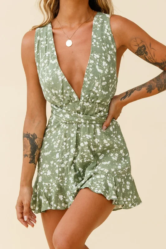 Lace - Embellished Women Dress for an Elegant and Sophisticated AppearancePlaya Vista Halterneck Frill Hem Romper Floral Print Olive