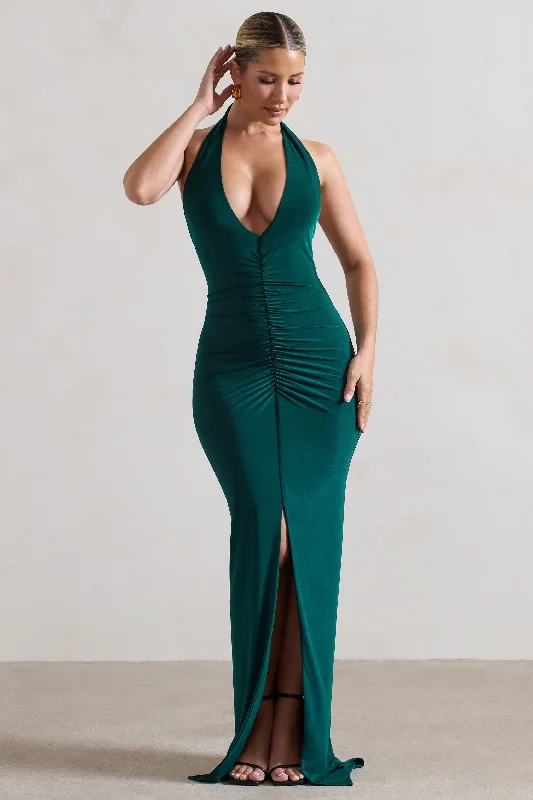 Ruffled Women Dress with Multiple Layers for a Playful and Girly StyleRachel | Bottle Green Ruched Halter-Neck Split Maxi Dress