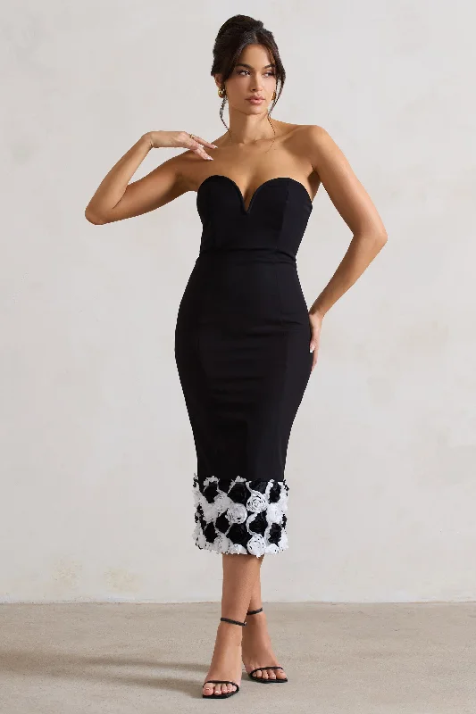 Strapless Women Dress with a Built - in Bra for Comfort and SupportRamona | Black Bodycon Sweetheart Midi Dress With Floral Trim