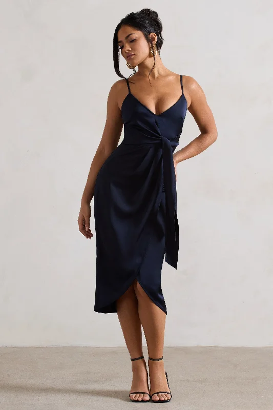 Ruffled Women Dress with Multiple Layers for a Playful and Girly StyleSabela | Navy Satin Wrap Midi Dress With Knot Detail