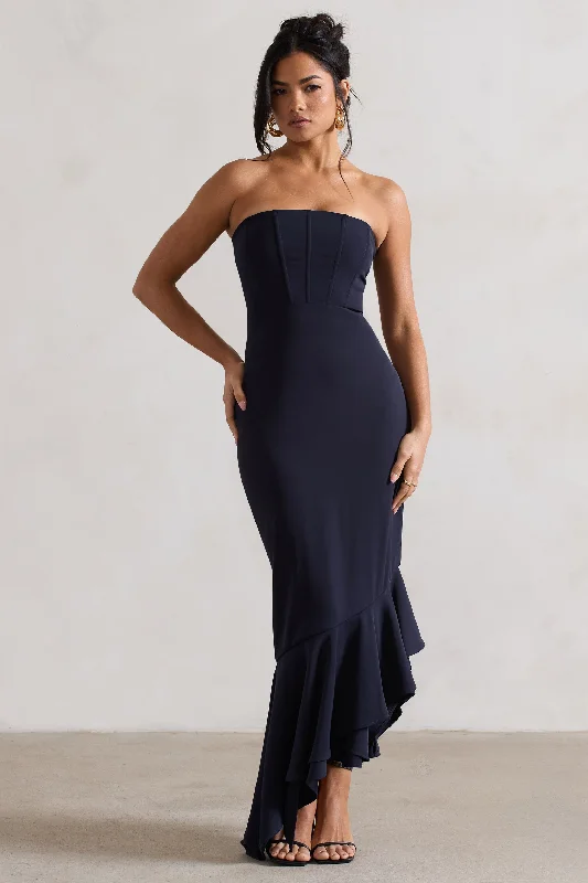 Mini Women Dress with a Short Hem for a Young and Trendy StyleSandy | Navy Strapless Corset Asymmetric Maxi Dress