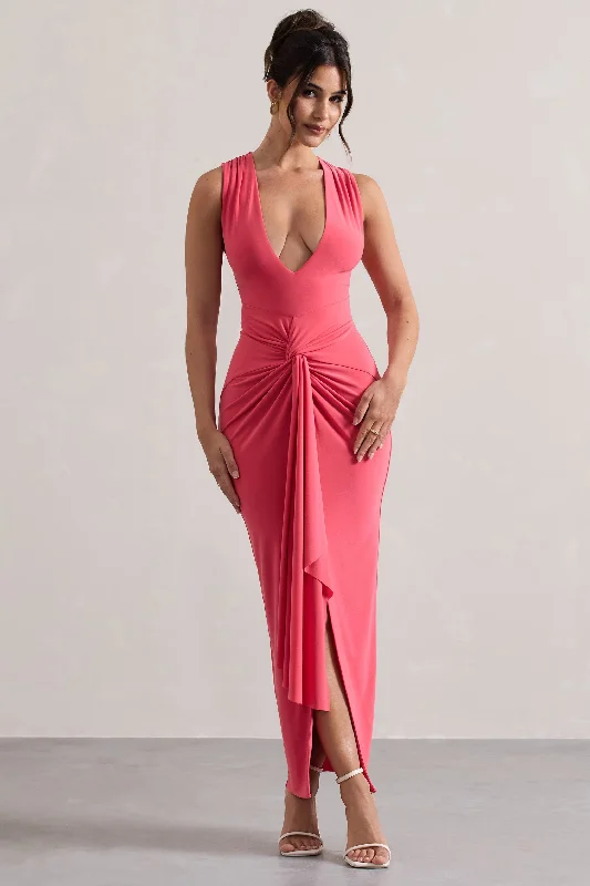 Mini Women Dress with a Short Hem for a Young and Trendy StyleSantana | Coral Plunge-Neck Split Maxi Dress With Knot Detail