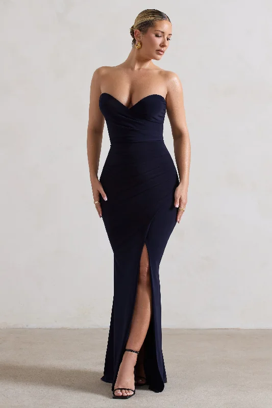 Empire Waist Women Dress to Accentuate the Bust and Conceal the WaistSaphira | Navy Gathered Corset Style Split Maxi Dress