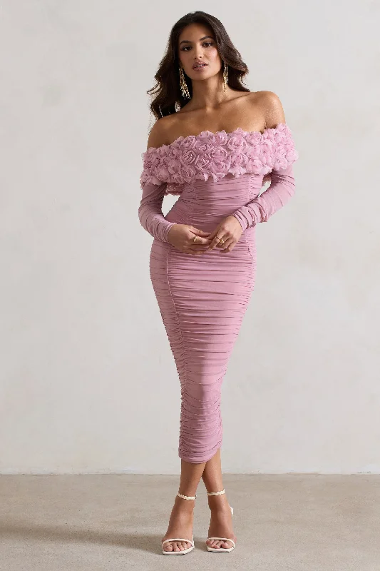 Sheath Women Dress with a Tailored Fit for a Professional LookSierra | Pink Mesh Ruched Floral Bardot Lace-Up Midi Dress