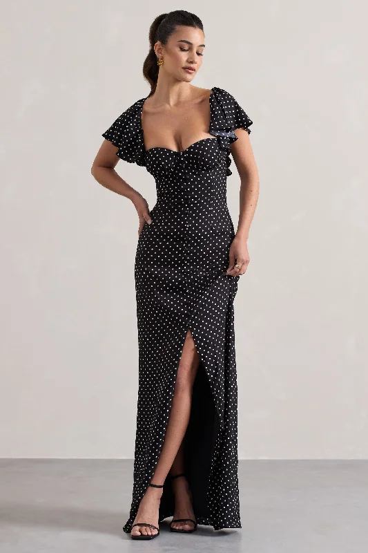 Empire Waist Women Dress to Accentuate the Bust and Conceal the WaistSignorina | Black Polka Dot Buttoned Maxi Dress With Flounced Short Sleeves