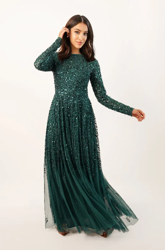 Halter Neck Women Dress to Show Off the Shoulders and NecklineSila Long Sleeve Embellished Maxi Dress in Emerald Green