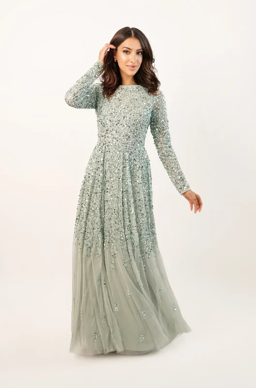 Strapless Women Dress with a Built - in Bra for Comfort and SupportSila Long Sleeve Embellished Maxi Dress in Sage Green