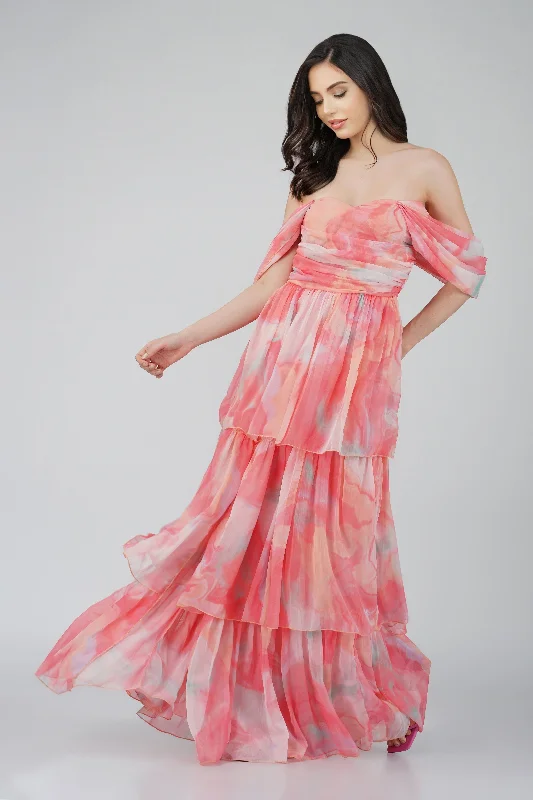 Mermaid - Style Women Dress with a Fitted Silhouette for Special OccasionsSydney Chiffon Maxi Dress in Coral Print