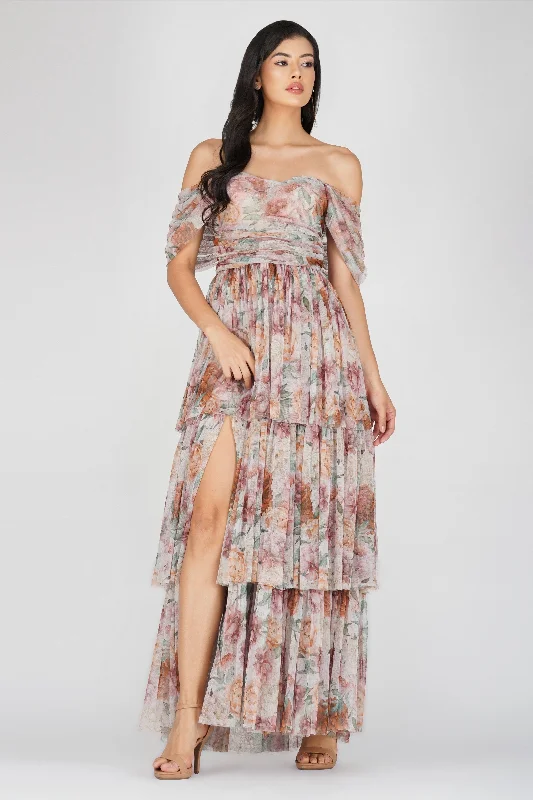 Backless Women Dress for a Sexy and Alluring Look at Evening EventsSydney Off Shoulder Tulle Maxi Dress in Brown Floral