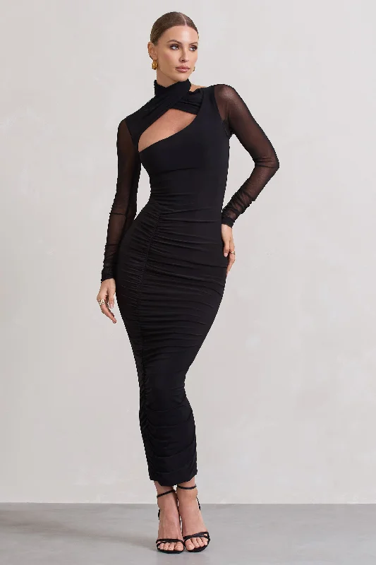 Lace - Embellished Women Dress for an Elegant and Sophisticated AppearanceUnder Wraps | Black Ruched Cut Out Long-Sleeve Midi Dress