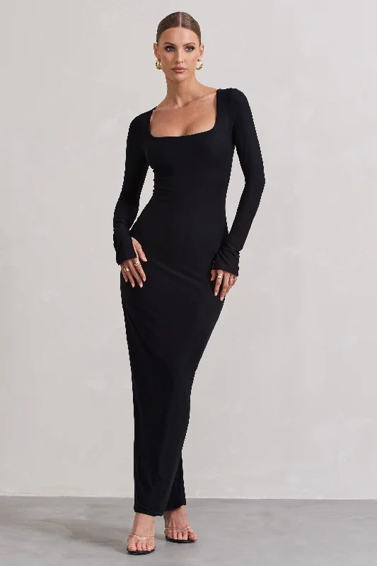 Lace - Embellished Women Dress for an Elegant and Sophisticated AppearanceViva | Black Square-Neck Long-Sleeve Maxi Dress