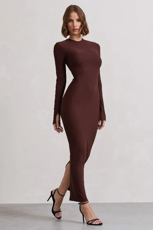 Strapless Women Dress with a Built - in Bra for Comfort and SupportWonder | Chocolate Brown Bodycon Long-Sleeve Maxi Dress