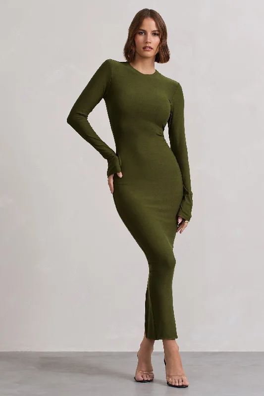 Mini Women Dress with a Short Hem for a Young and Trendy StyleWonder | Moss Green Bodycon Long-Sleeve Maxi Dress