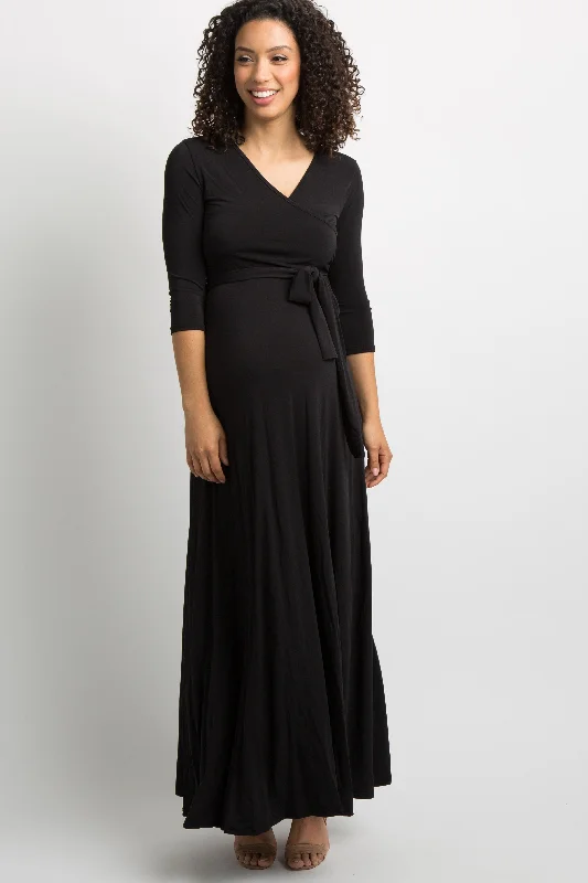 Pleated Women Dress with a Timeless and Elegant TextureBlack Solid Sash Tie Maternity Maxi Dress