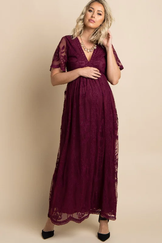 Backless Women Dress for a Sexy and Alluring Look at Evening EventsBurgundy Lace Mesh Overlay Maternity Maxi Dress