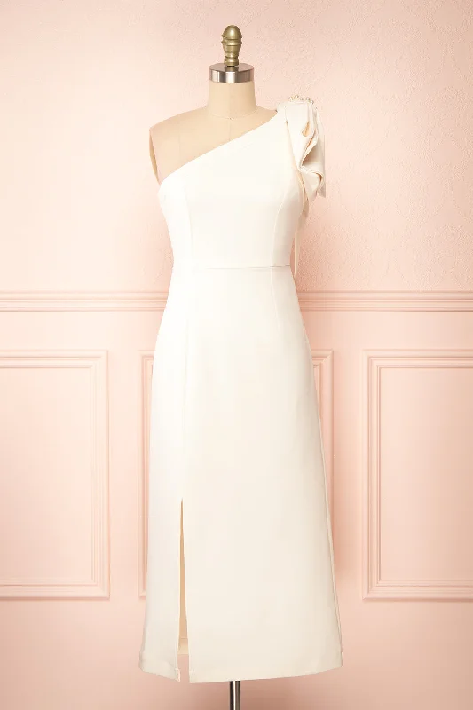 Empire Waist Women Dress to Accentuate the Bust and Conceal the WaistLiliana | One Shoulder Ivory Midi Dress w/ Bow