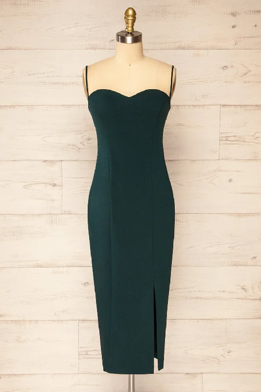 Strapless Women Dress with a Built - in Bra for Comfort and SupportMiira Green | Fitted Midi Dress w/ Sweetheart Neckline