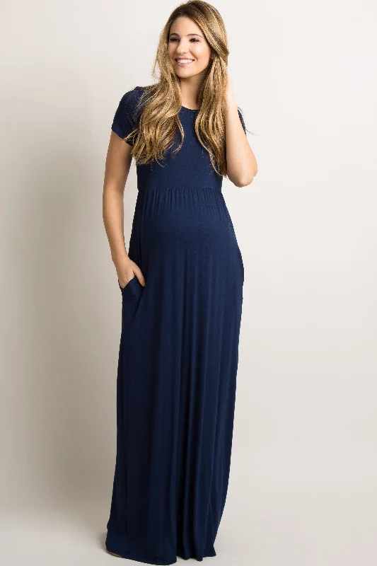 Sheath Women Dress with a Tailored Fit for a Professional LookNavy Blue Solid Side Pocket Maternity Maxi Dress