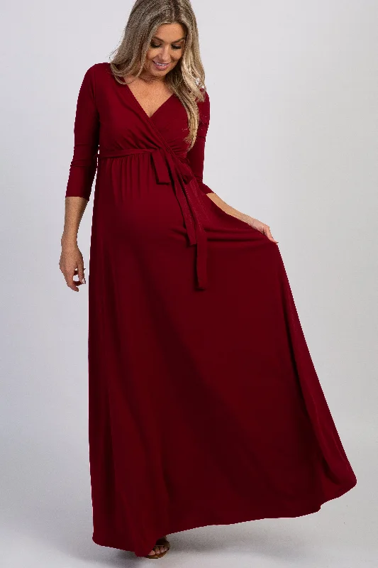 Strapless Women Dress with a Built - in Bra for Comfort and SupportPinkBlush Burgundy Draped 3/4 Sleeve Maternity Maxi Dress