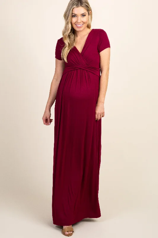 Halter Neck Women Dress to Show Off the Shoulders and NecklinePinkBlush Burgundy Draped Maternity/Nursing Maxi Dress