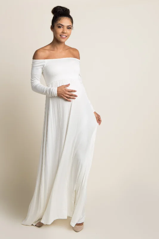 Backless Women Dress for a Sexy and Alluring Look at Evening EventsPinkBlush Ivory Solid Off Shoulder Maternity Maxi Dress