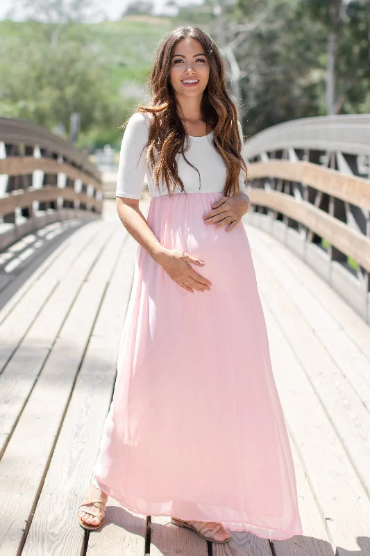 Strapless Women Dress with a Built - in Bra for Comfort and SupportPinkBlush Petite Light Pink Chiffon Colorblock Maternity Maxi Dress