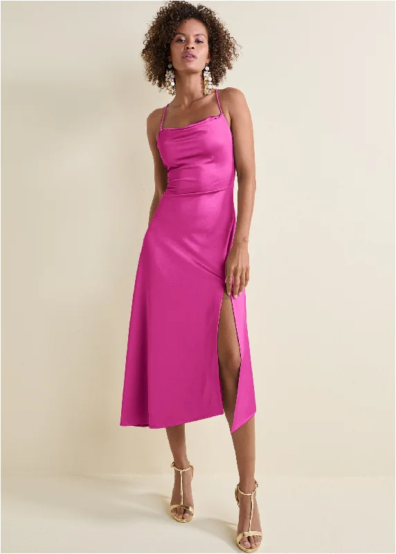 Backless Women Dress for a Sexy and Alluring Look at Evening EventsSatin Midi Dress  - Fuchsia