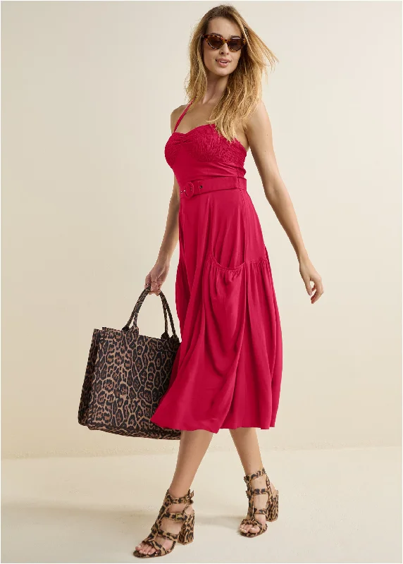 Lace - Embellished Women Dress for an Elegant and Sophisticated AppearanceBelted Halter Midi Dress - Red