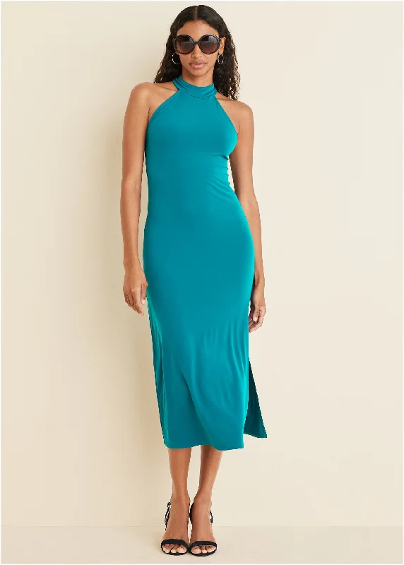 Strapless Women Dress with a Built - in Bra for Comfort and SupportHigh Neck Midi Dress - Teal