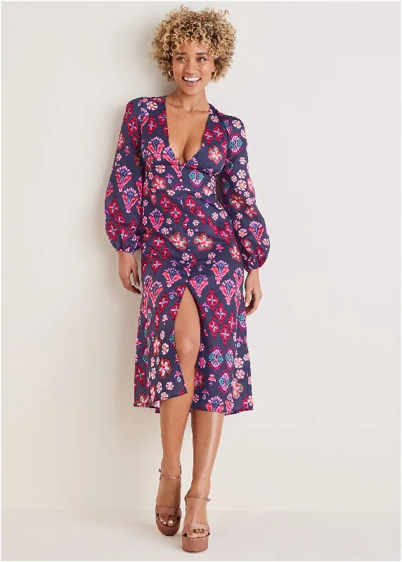 Plus Size Women Dress with a Flattering A - Line Cut for Comfort and StyleLong Sleeve Printed Dress - Modern Folk Floral