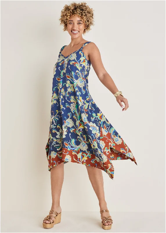 Maxi Women Dress with Floral Print for a Bohemian VibeHandkerchief Hem Dress - Mystic Jacobean Border