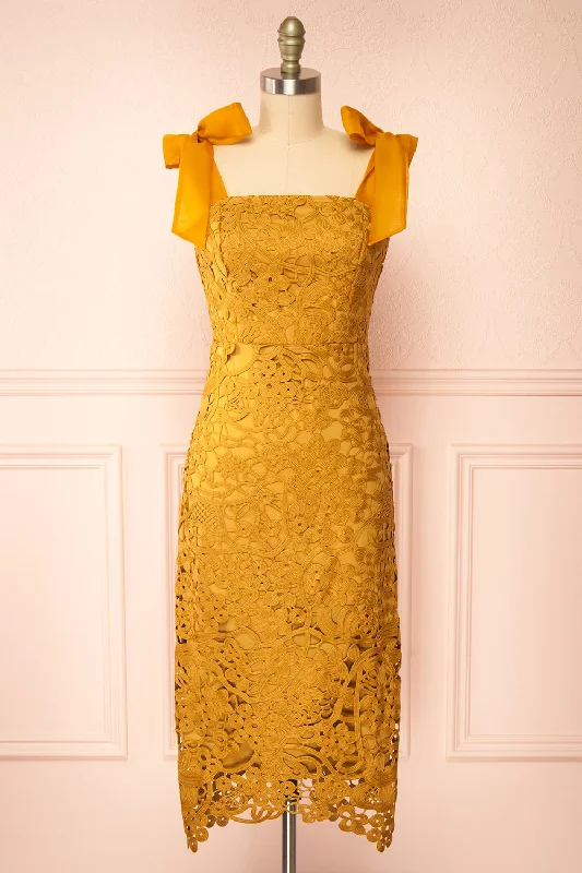 Sheath Women Dress with a Tailored Fit for a Professional LookZelly | Fitted Midi Mustard Crocheted Lace Dress