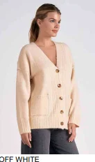 cropped women cardigan to pair with high - waisted jeansCardigan Off White Knit Fabric With Black Accents on Edging SWL11280