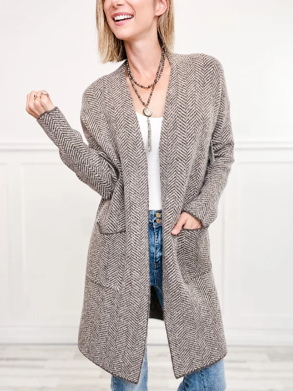 organic cotton women cardigan for an eco - friendly choiceHerringbone Pattern Open Front Cardigan Coat