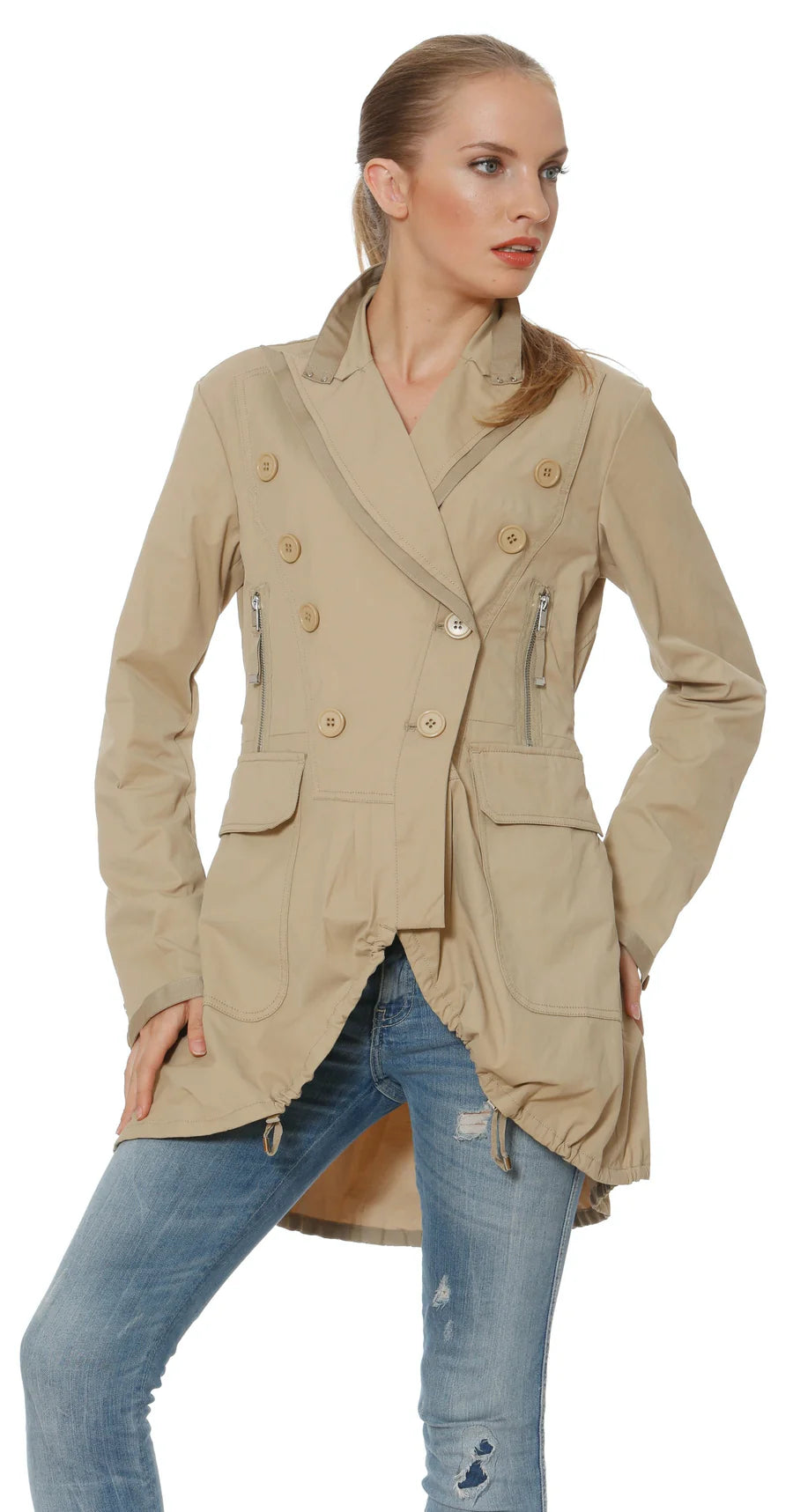 long length women cardigan with side slitsJacket Double Breast3/4 Length With Belt Khaki Amber Women's