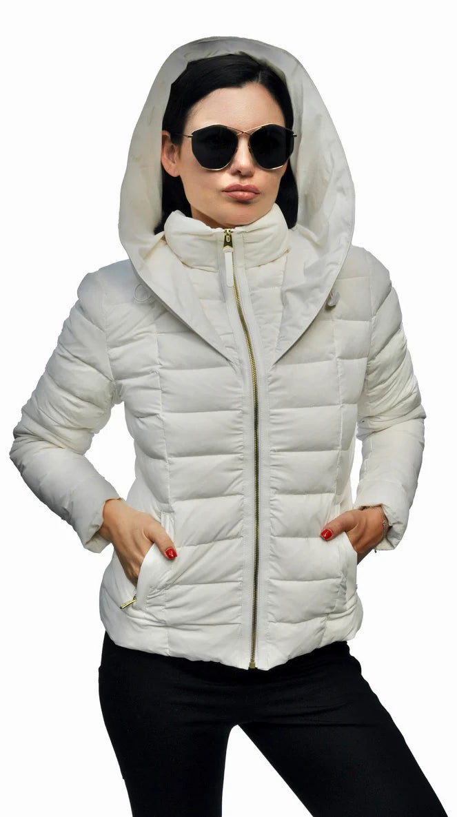 hand knitted women cardigan with artisanal charmJacket Down Puffer With Hood Zipper Front Antique White Tania Women's