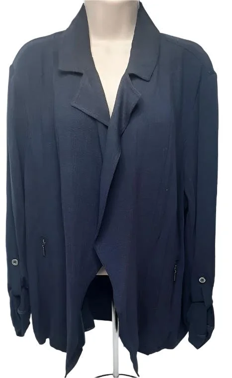 v neck women cardigan to elongate the necklineJacket-Midnight Blue-2 Pocket-Open Front-Women's-M24708jm