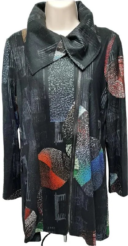 ribbed women cardigan with a classic textureJacket-Multi Color Black-2Pocket Zipper Front-Women's-223900