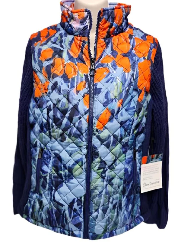 cable knit women cardigan with intricate patternsJacket Quilted Zipper Front Knit Sleeve Blue / Orange Women's 91763