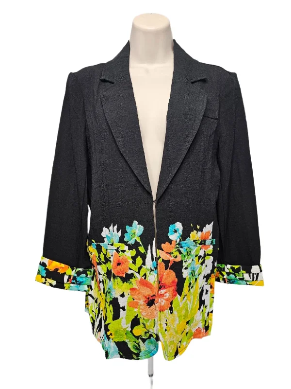 lightweight women cardigan for spring and fallJacket  Tucked Cuff 3/4 Sleeve Lapel Front Welt Pock - Black with Flowered bottom - M14405JM